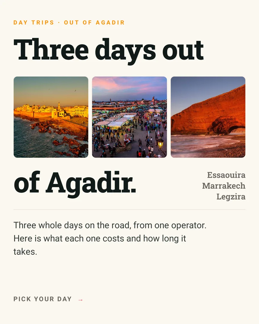 A carousel cover headlined “Three days out of Agadir” with thumbnails of Essaouira, Marrakech and Legzira.