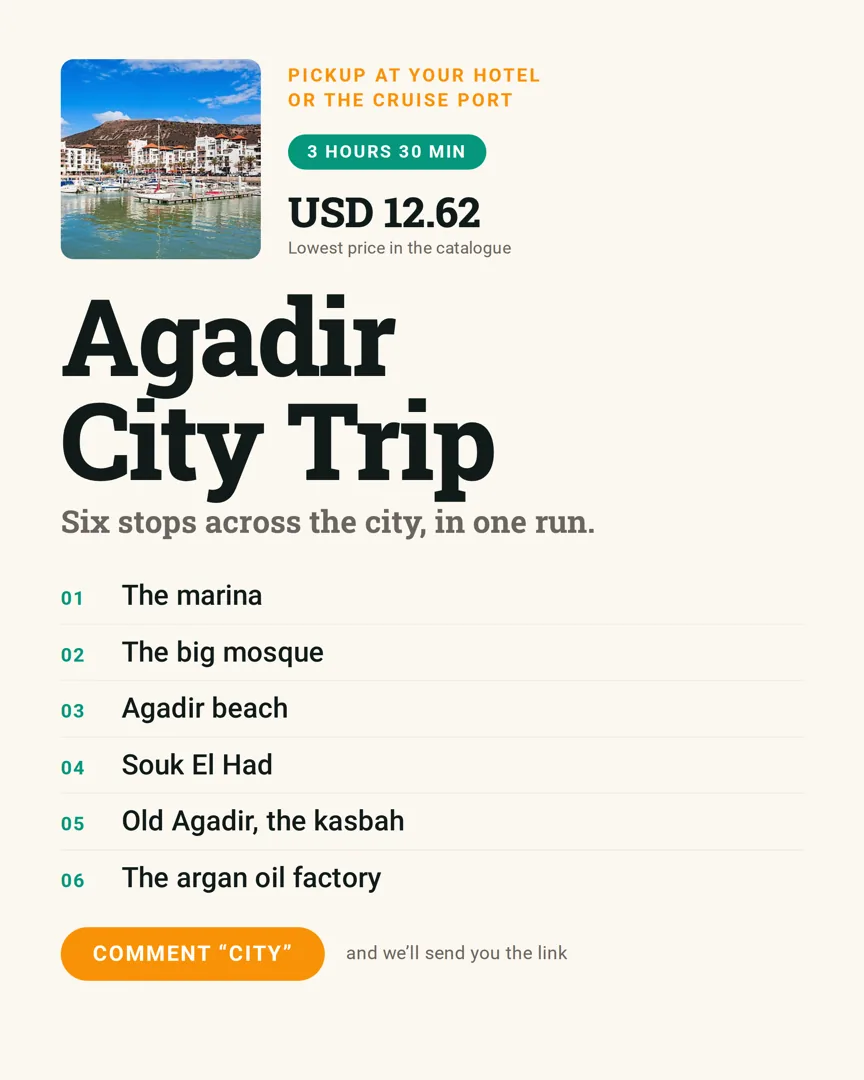 A post headlined “Agadir City Trip” listing six stops across the city with a price and a duration.