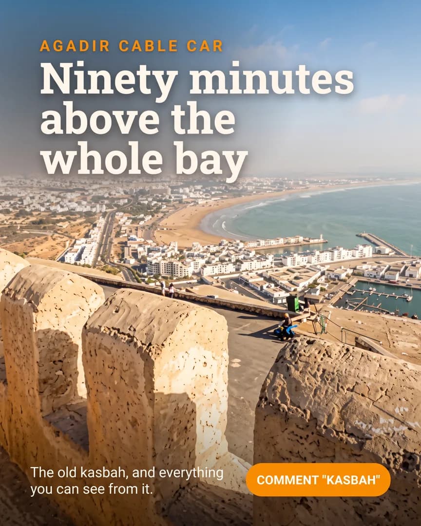 A post headlined “Ninety minutes above the whole bay” over an aerial view of the Agadir kasbah and coastline.