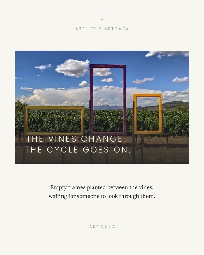 Three empty coloured picture frames standing among vineyard rows in the Penedès, mountains behind.