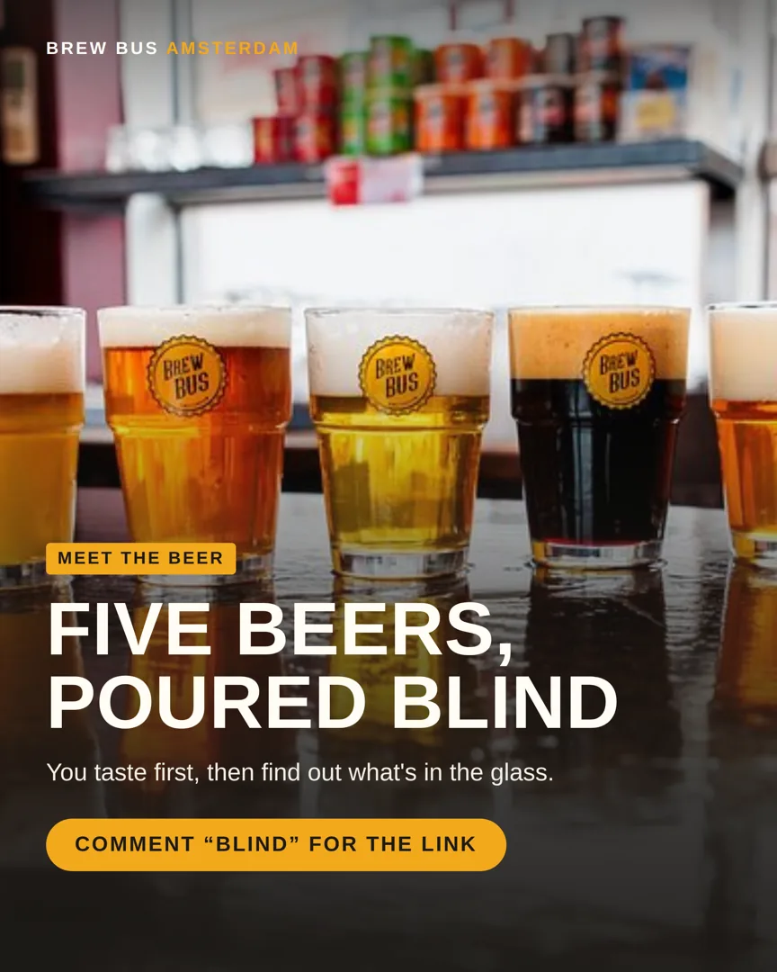 A post headlined “Five beers, poured blind” over a row of tasting glasses on a bar.