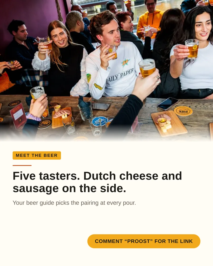 A post headlined “Five tasters, Dutch cheese and sausage on the side” over a group at a table with beer flights.