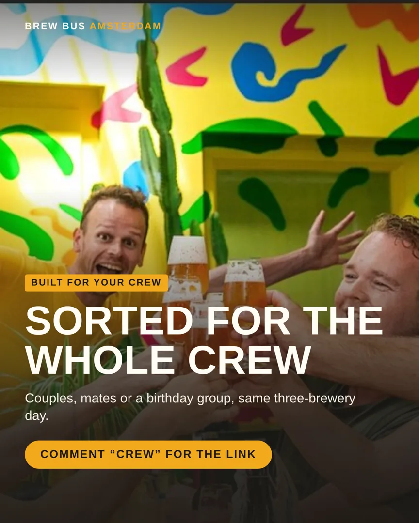 A carousel cover headlined “Sorted for the whole crew” over two people laughing with beers against a painted wall.