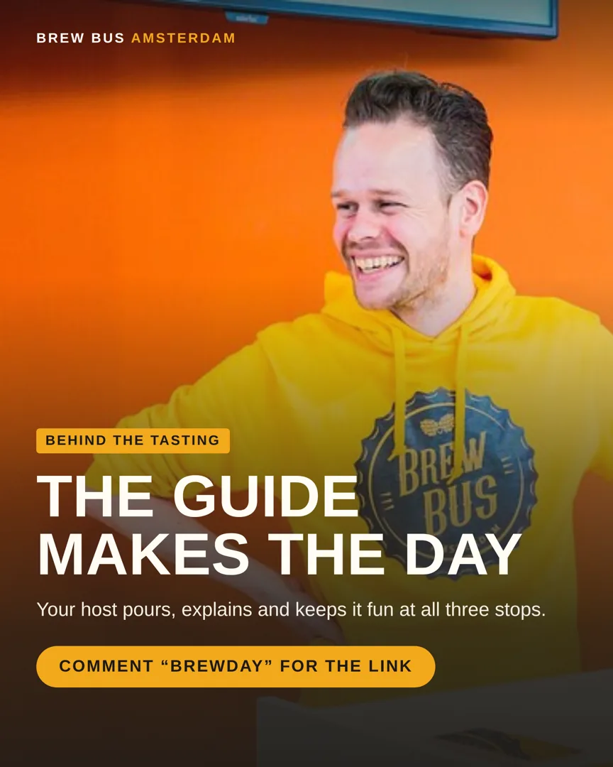 A post headlined “The guide makes the day” over a smiling host in a Brew Bus hoodie.