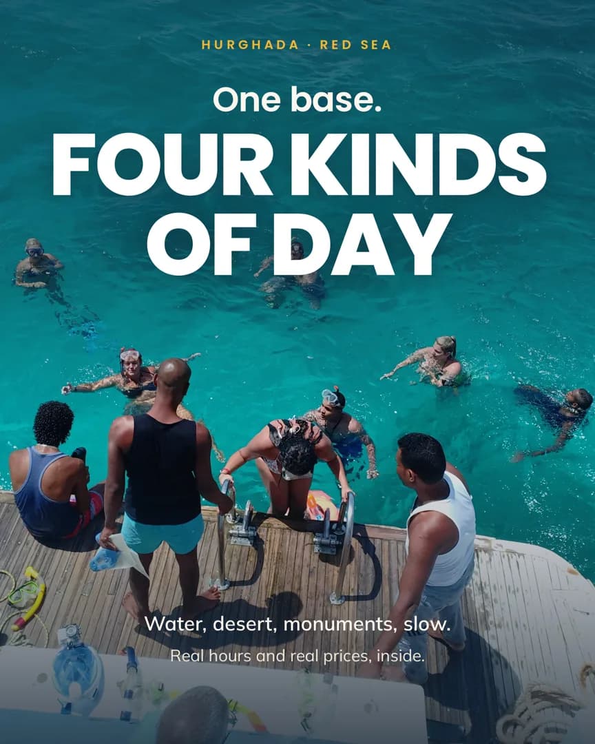 A carousel cover headlined “One base, four kinds of day” over snorkellers entering turquoise water from a boat.