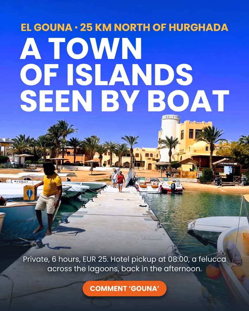 A post headlined “A town of islands seen by boat” over the El Gouna waterfront and moored boats.
