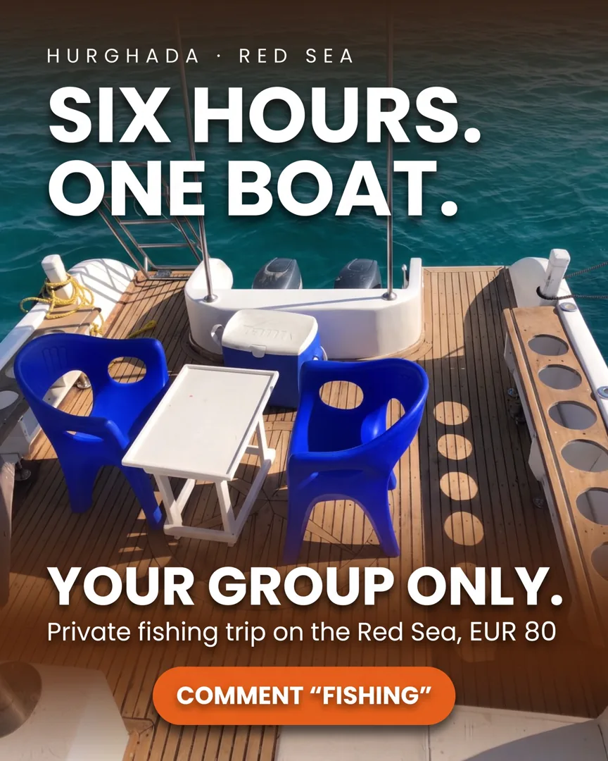 A post headlined “Six hours, one boat” over the deck of a private fishing boat on the Red Sea.