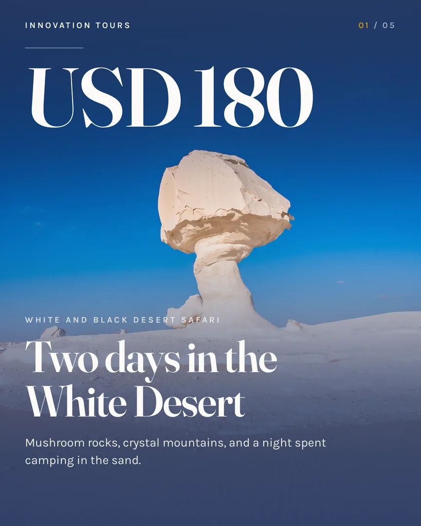 White chalk mushroom-shaped rock on desert sand under a deep blue sky.