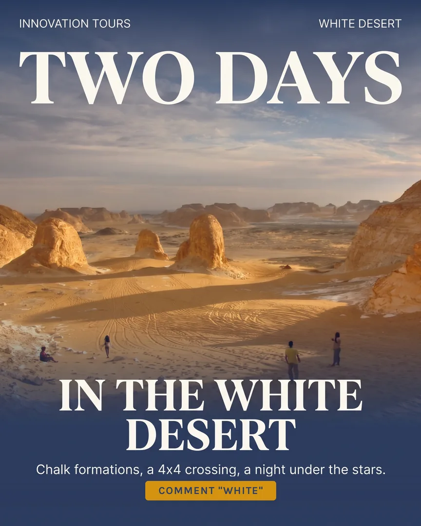 Chalk rock formations rising from golden sand in Egypt's White Desert, with visitors for scale.