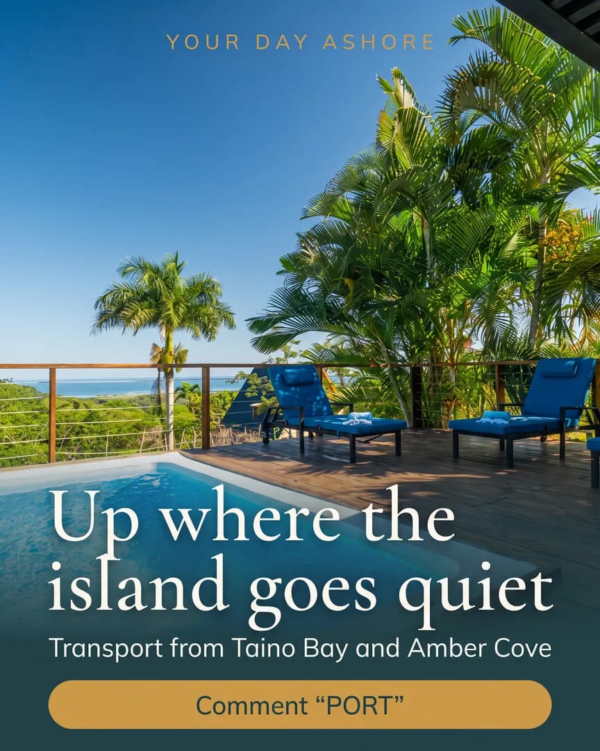 A wooden deck with a plunge pool and blue loungers on a green hillside above the ocean.