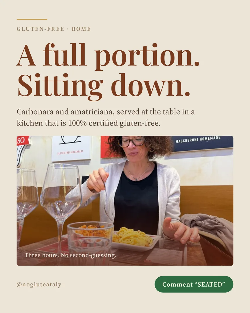 A seated guest at a laid table with a full plate of gluten-free carbonara in front of her.
