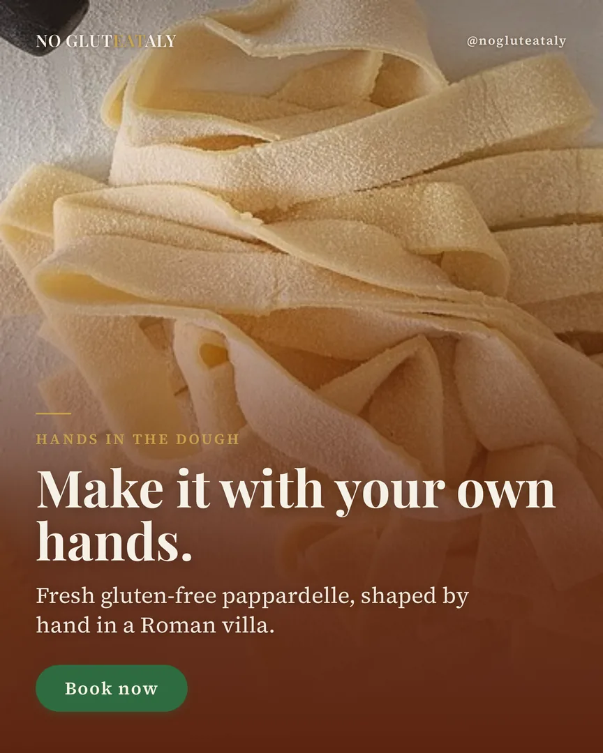 A post headlined “Make it with your own hands” over folded sheets of fresh gluten-free pappardelle.