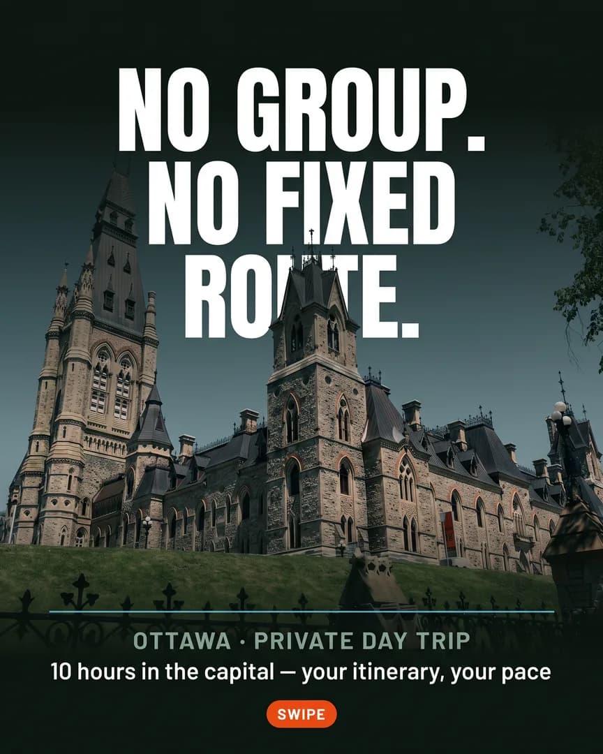 Parliament Hill's West Block in Ottawa under a deep blue sky, with the words No group. No fixed route.