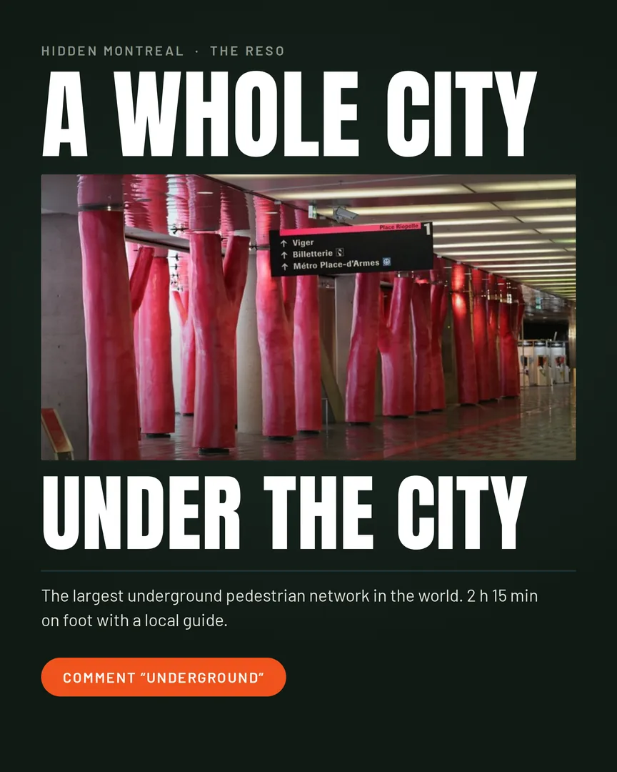 Indoor walkway lined with tall pink columns, sign pointing to Métro Place-d'Armes, Montreal.