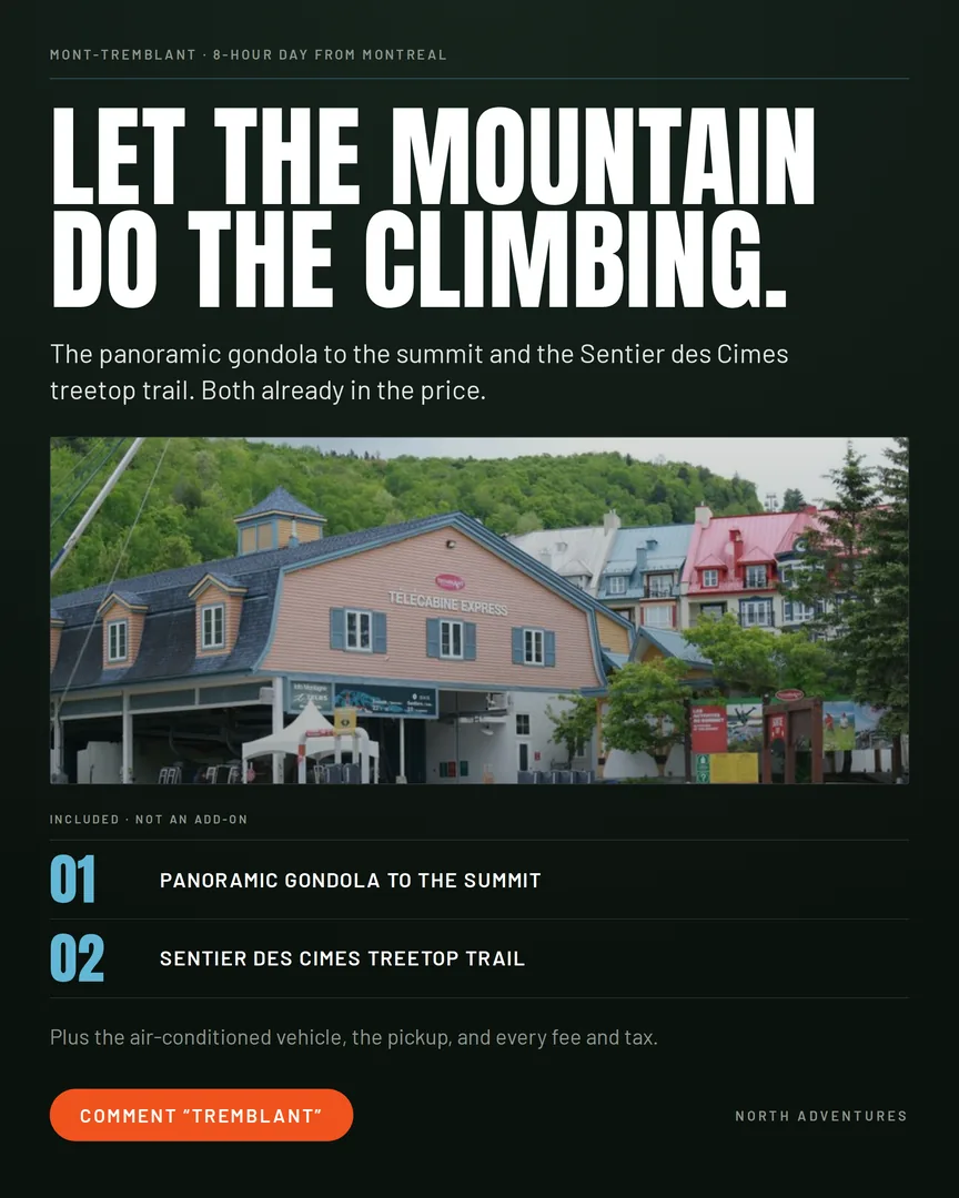 Mont-Tremblant's Telecabine Express gondola station with the forested mountain rising behind it.