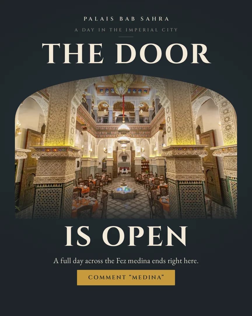 A dark navy post headlined THE DOOR IS OPEN, framing an arched palace dining room in Fez with carved plaster, zellige tiling and tables laid under lanterns.