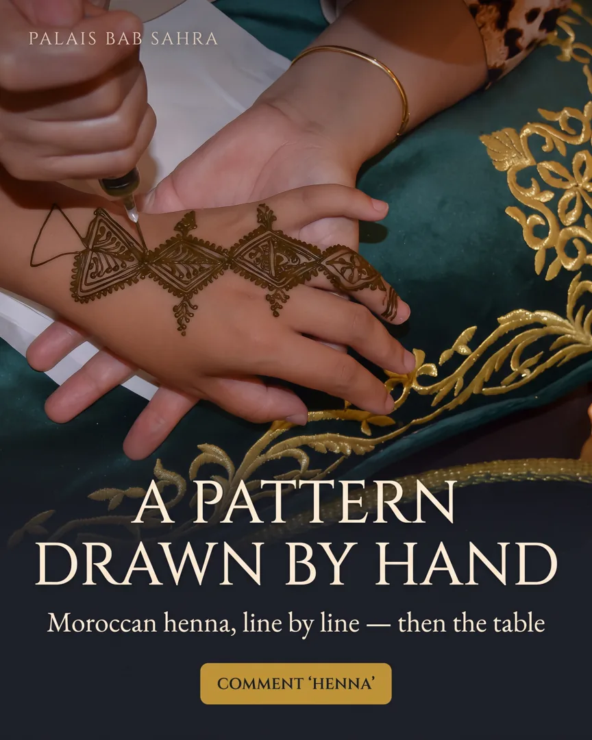 A post headlined A PATTERN DRAWN BY HAND, showing a henna cone tracing a geometric design across the back of a hand.