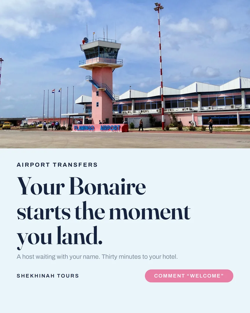 Bonaire's pink Flamingo Airport terminal and control tower under a bright blue sky.