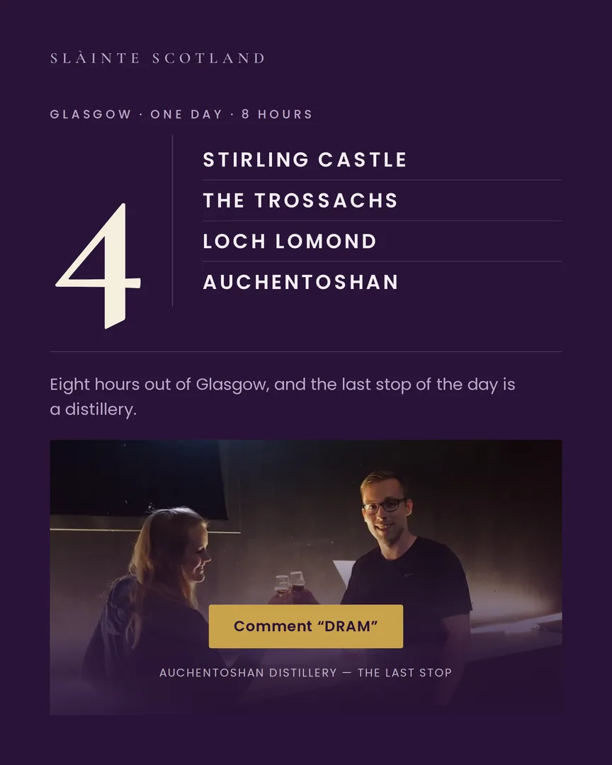 A large cream 4 on deep purple beside four Scottish stops, with two guests toasting whisky.