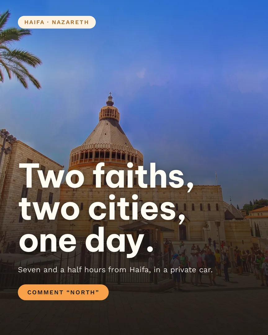 The Basilica of the Annunciation in Nazareth, its cone dome above pale stone walls under a blue sky.