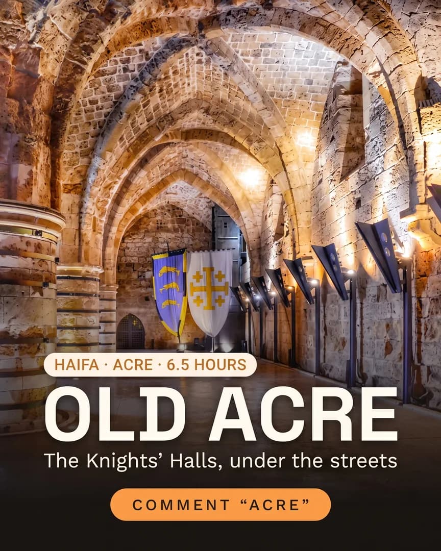 Vaulted stone hall of the Knights' Halls under Old Acre, lamplit, with two banners at the far end.