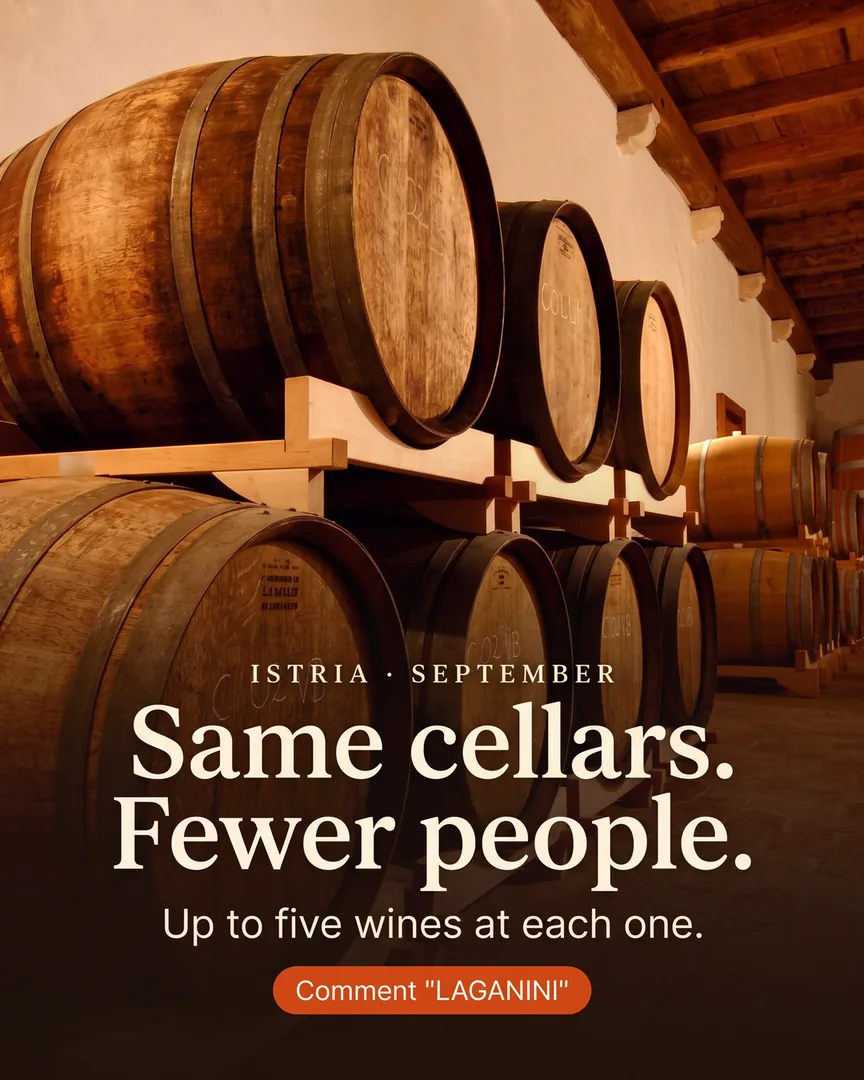 Oak wine barrels in a warm Istrian stone cellar, with the words Same cellars. Fewer people.