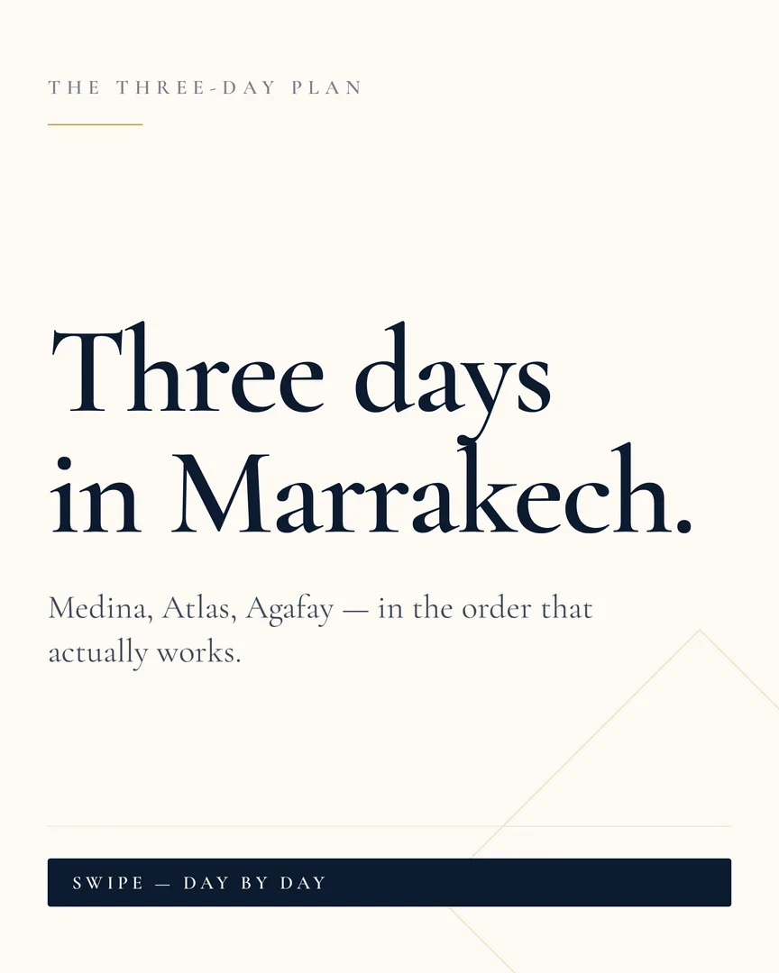 Cream title card reading Three days in Marrakech, medina, Atlas and Agafay.