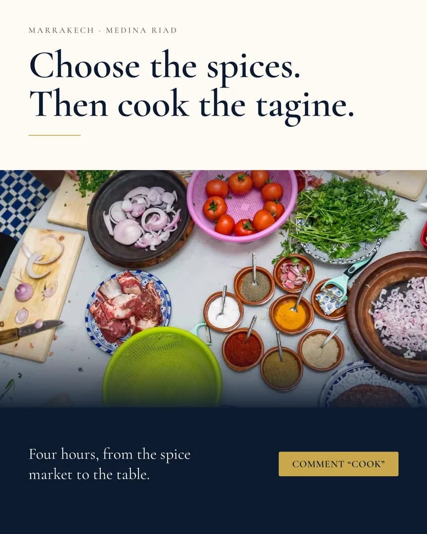 Overhead view of a cooking-class table: spice bowls, a tagine, herbs and tomatoes on tiled floor.