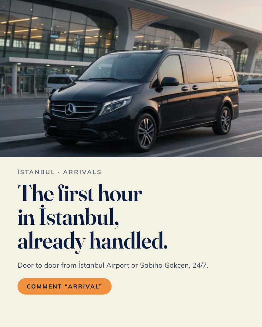 A black private transfer van waiting outside the terminal at İstanbul Airport.