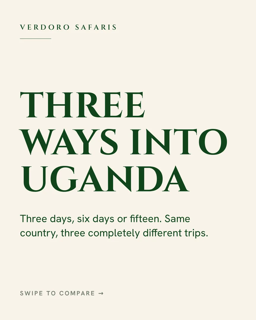 Cream card with the words Three ways into Uganda in engraved capitals.