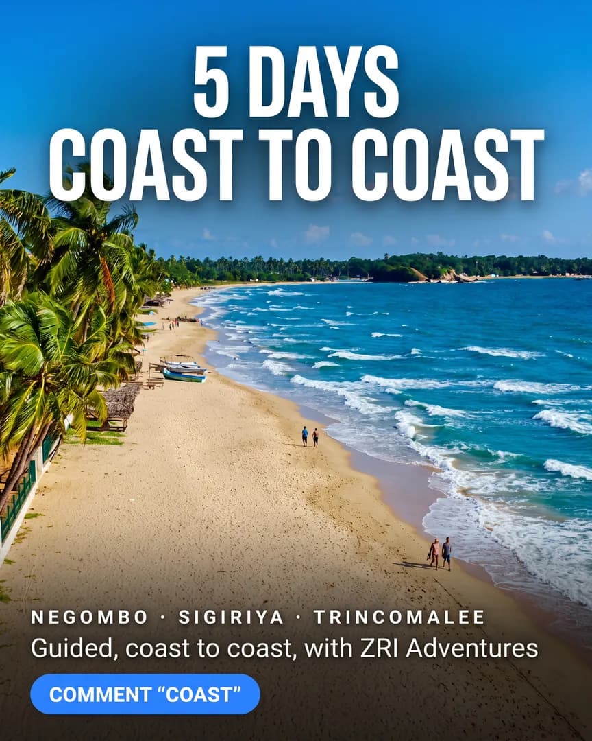 Palm-lined Sri Lankan beach with turquoise surf; text reads '5 Days Coast to Coast'.