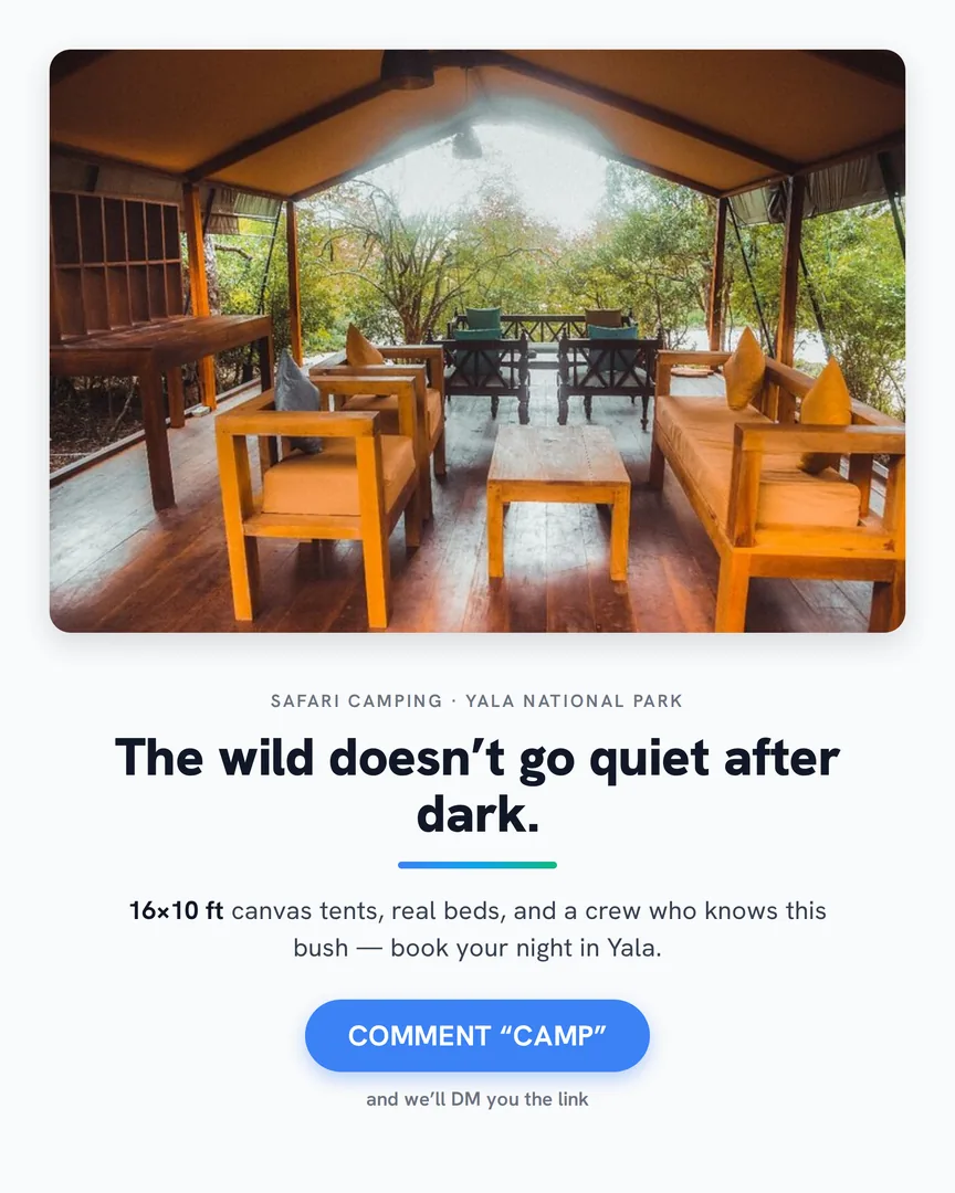 A furnished open-air lounge deck inside a luxury safari tent, jungle visible through the canvas.
