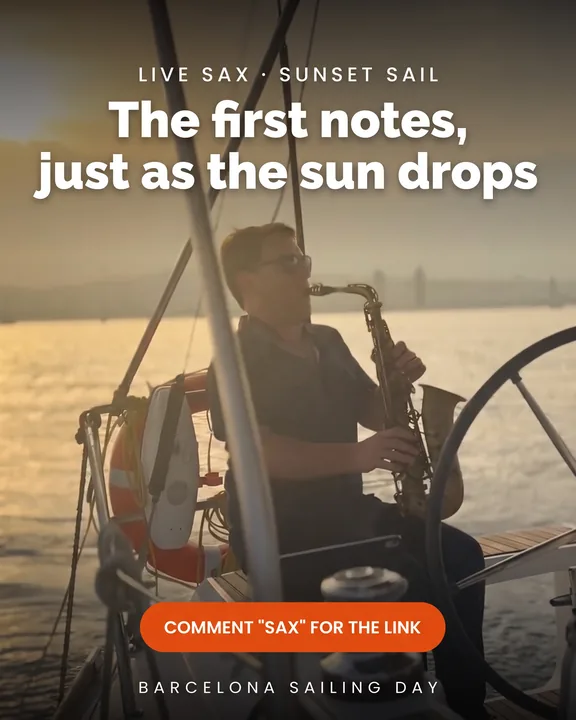 Instagram post cover for Barcelona Sailing Day: a saxophonist playing on deck as the sun drops behind the Barcelona skyline