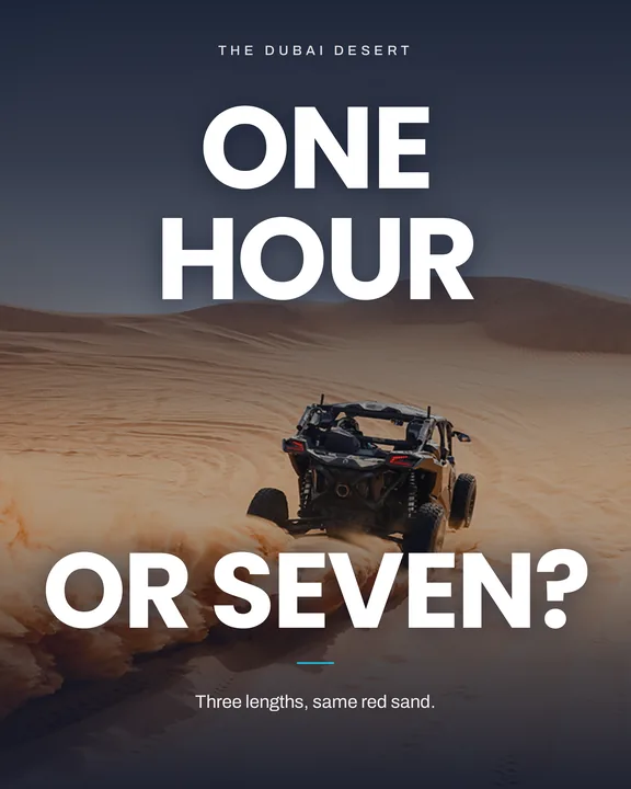 Instagram carousel cover for Excursion Point: a dune buggy on the red sand of the Dubai desert, under the line “One hour or seven?”