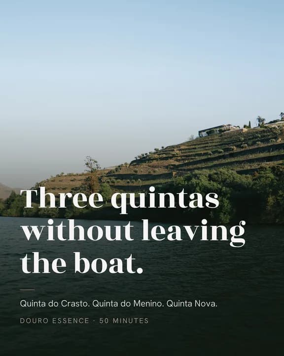 Instagram post cover for Ferrão Boats: a covered boat on the Douro river, under the line “Three quintas without leaving the boat”