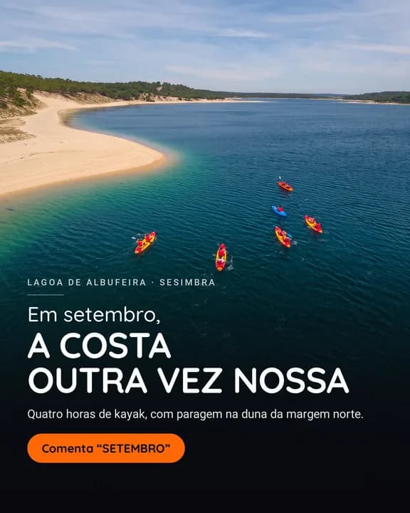 Instagram post cover for MEIRA Pro Center: kayaks crossing the Lagoa de Albufeira seen from the air, Sesimbra