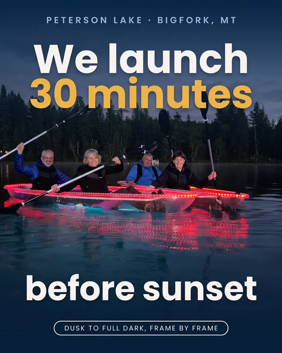 Instagram carousel cover for Rocky Mountain Glass Kayak: lit glass kayaks on Peterson Lake, Montana, after dark