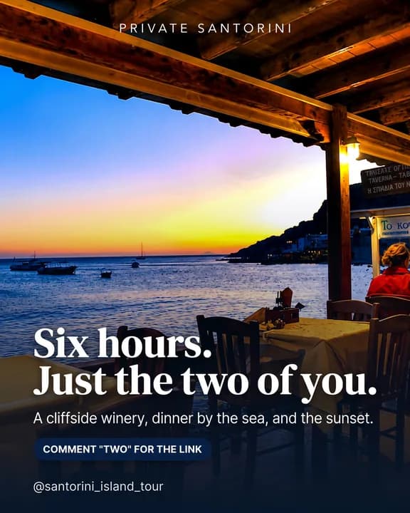 Instagram post cover for Santorini Island Tour: a cliffside winery table above the sea at sunset