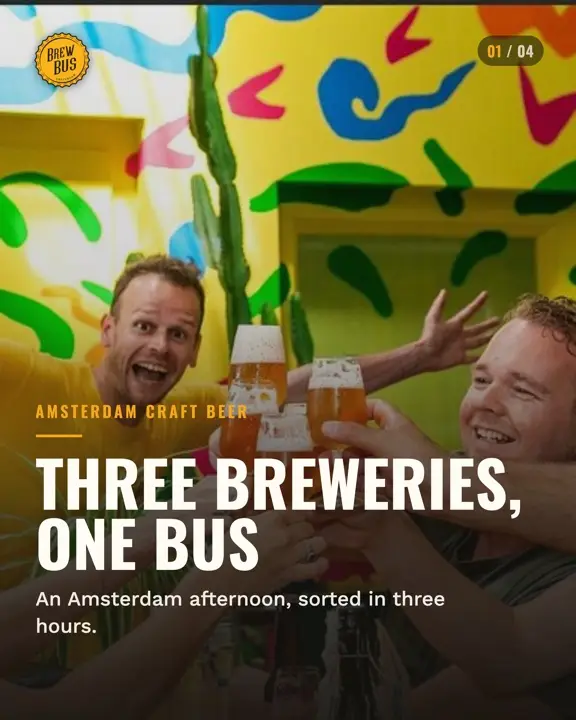 Instagram carousel cover for Brew Bus Amsterdam: colorful brewery mural