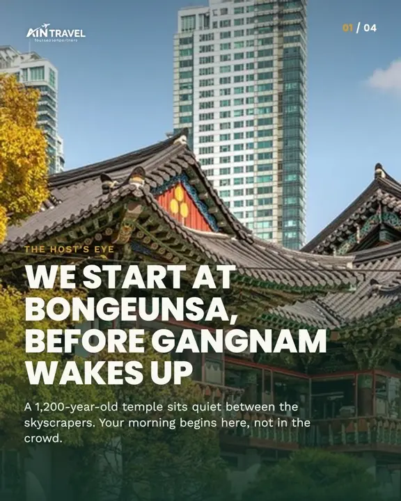 Instagram carousel cover for Four Season Partners: a quiet temple in Seoul at dawn