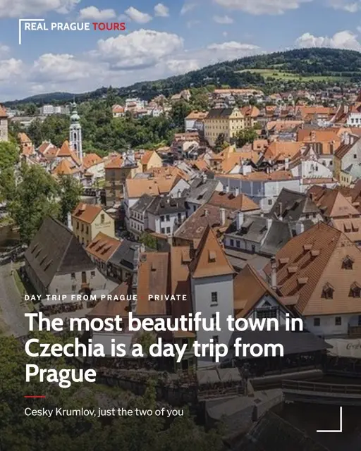 Instagram carousel cover for Real Prague Tours: red rooftops of Cesky Krumlov