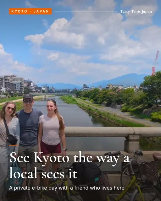 Instagram carousel cover for Tasty Tours Japan: e-bike ride along a Kyoto river