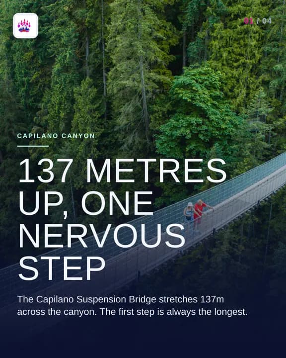 Instagram carousel cover published for Bearly There Tours: the Capilano Suspension Bridge over green canyon forest, headlined “137 metres up, one nervous step”