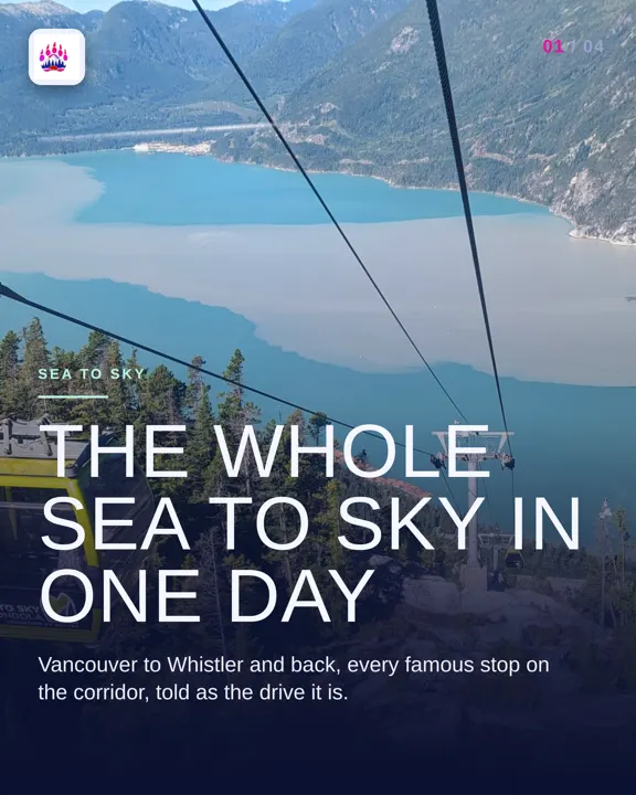 Finished Instagram carousel cover drafted by Studio for Bearly There Tours: the Sea to Sky highway from Shannon Falls to Whistler