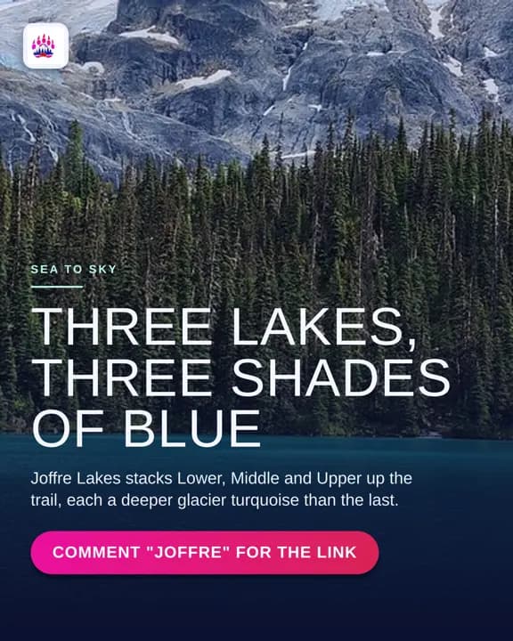 Instagram post published for Bearly There Tours: the turquoise water of Joffre Lakes below dense forest and bare rock, headlined “Three lakes, three shades of blue”