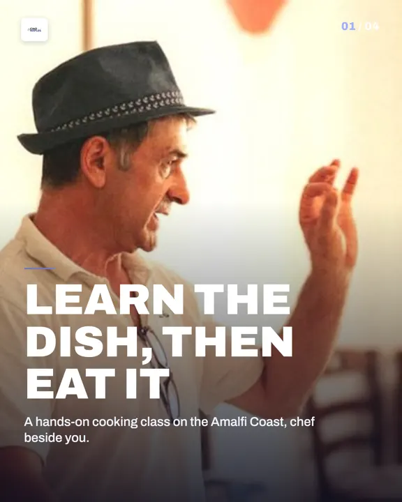 Instagram carousel cover published for Ciao Naples: a chef in a fedora mid-gesture during a cooking class, headlined “Learn the dish, then eat it”