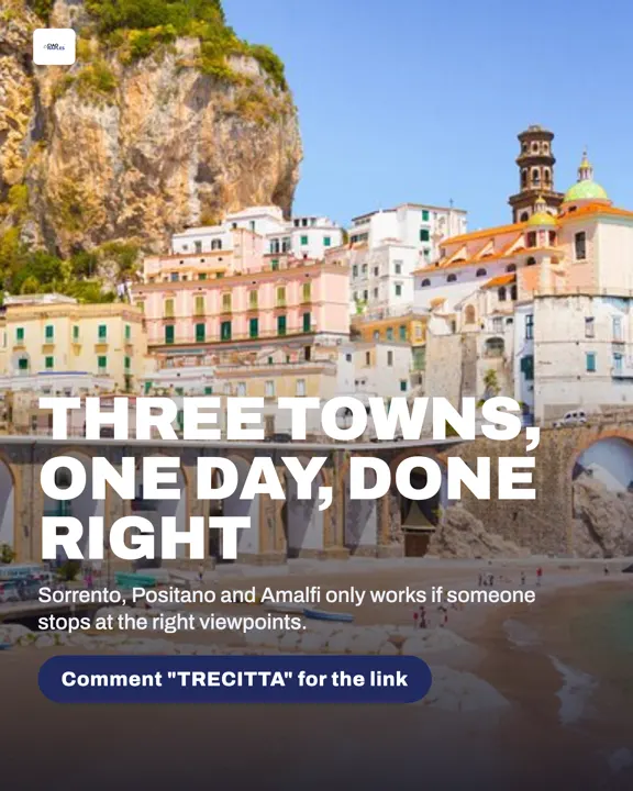 Instagram post published for CiaoNaples: the cliffside town of Atrani on the Amalfi Coast, headlined “Three towns, one day, done right”