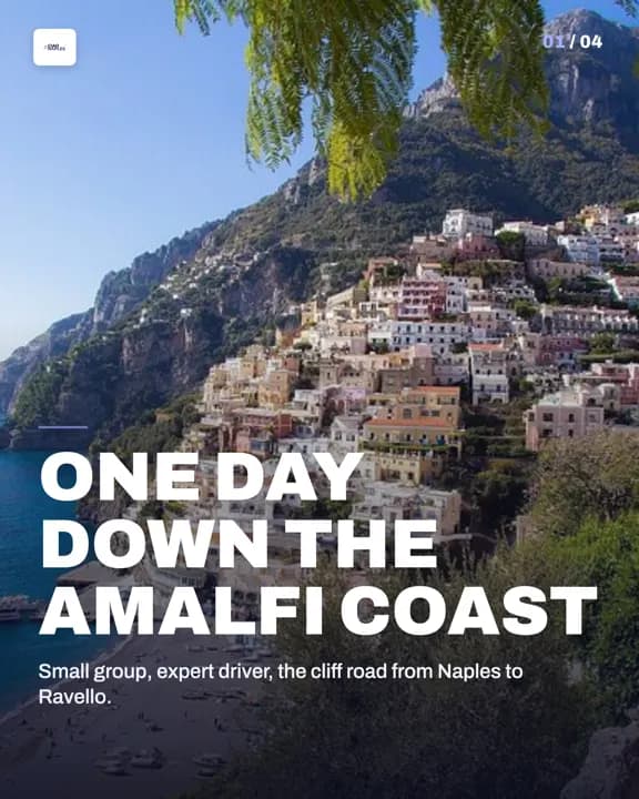 Instagram carousel cover published for Ciao Naples: Positano stacked above the sea, framed by pine branches, headlined “One day down the Amalfi Coast”