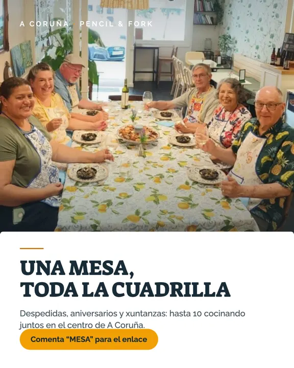 Instagram post published for Pencil & Fork: eight guests around a lemon-print tablecloth with their finished dishes, headlined “Una mesa, toda la cuadrilla”