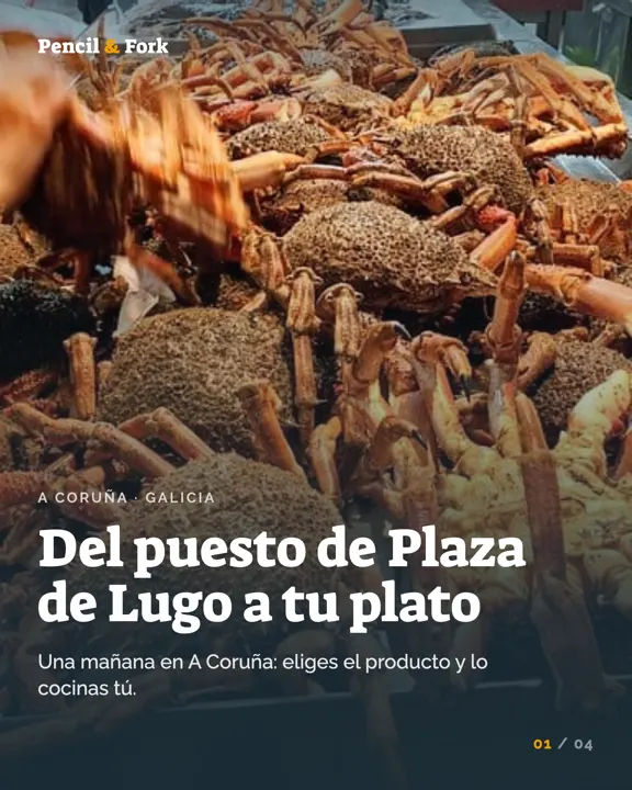Instagram carousel cover published for Pencil & Fork: Galician spider crabs on ice at the Plaza de Lugo market in A Coruña